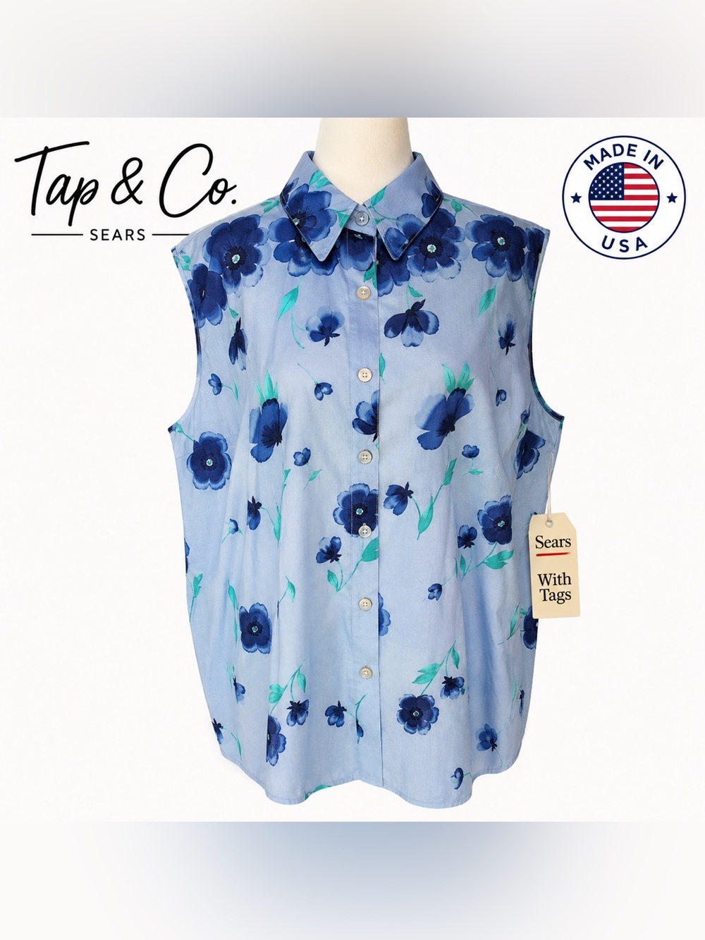 Vintage Tap & Co Made USA Floral Sleeveless Button Blouse NWT Deadstock Sears